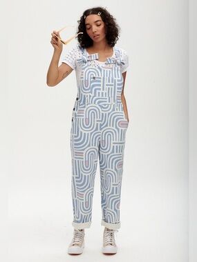Lucy and Yak Cosmic Easton Dungarees Bib Overalls Geometric Print Blue US size 8